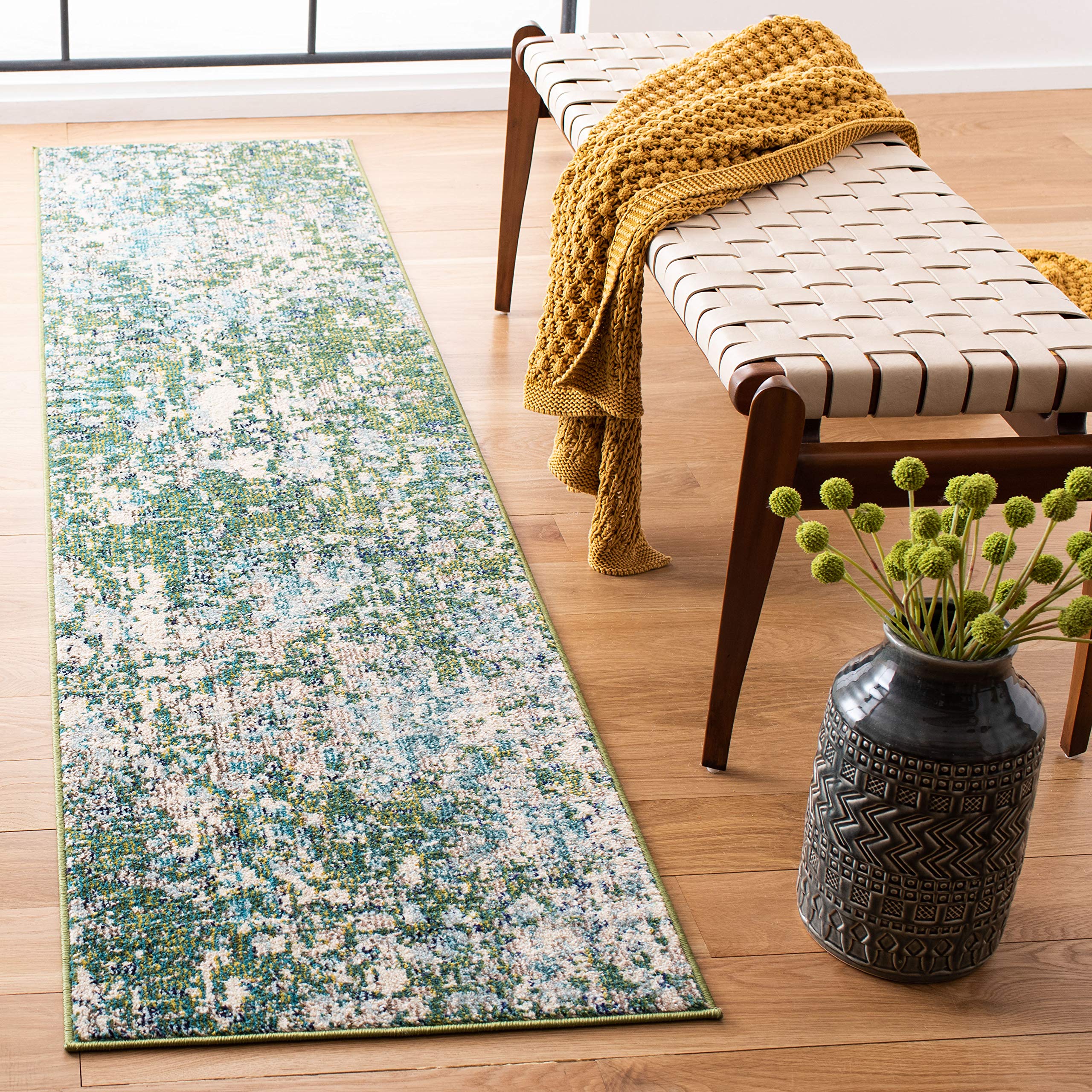 Safavieh Madison Collection Runner Rug - 2'2'' x 14', Green & Turquoise, Boho Abstract Distressed Design, Non-Shedding & Easy Ca